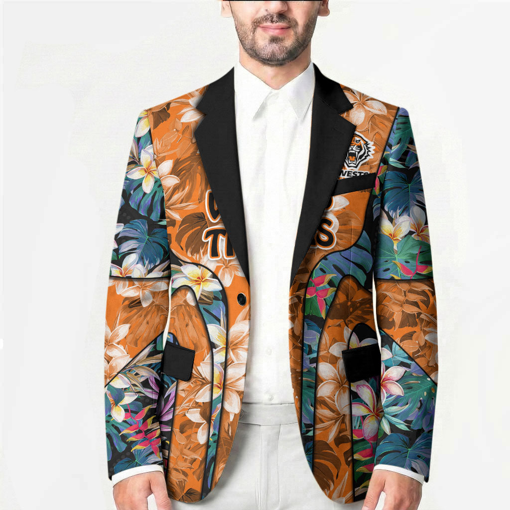 Wests Tigers Blazer Tropical Hibiscus Floral Pattern With Orange And Black Accents
