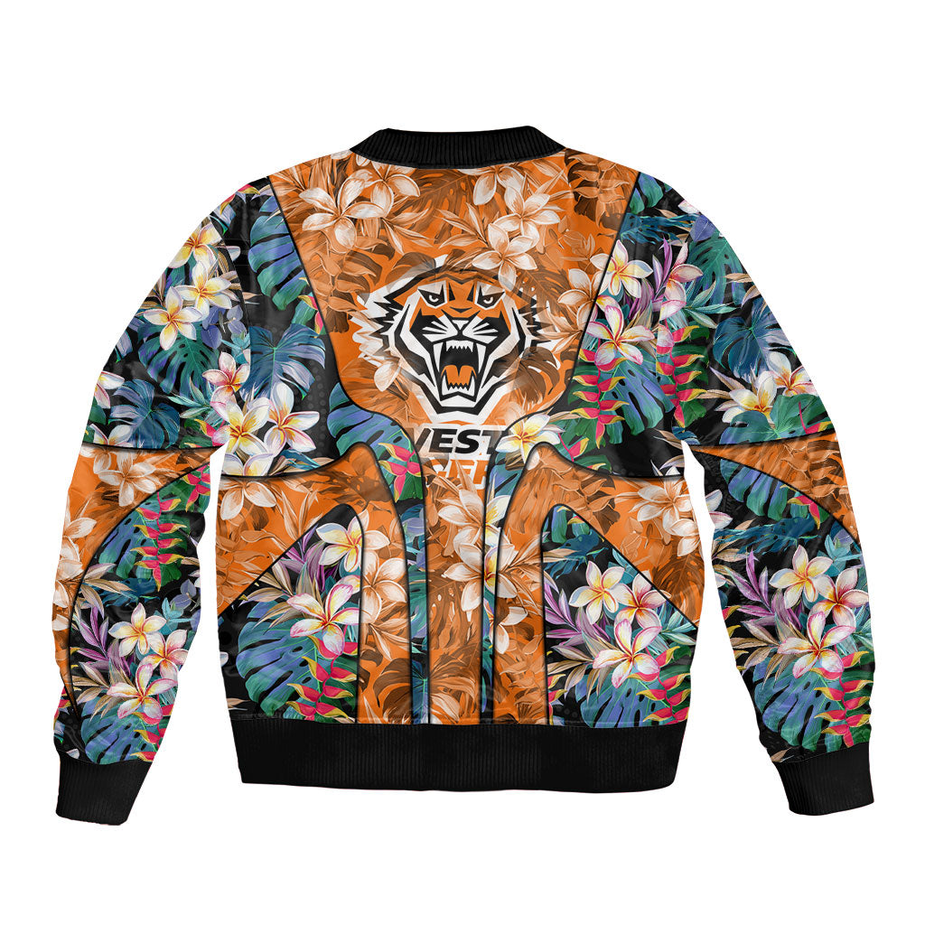 Wests Tigers Bomber Jacket Tropical Hibiscus Floral Pattern With Orange And Black Accents
