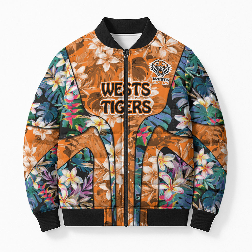 Wests Tigers Bomber Puffer Jacket Tropical Hibiscus Floral Pattern With Orange And Black Accents