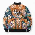 Wests Tigers Bomber Puffer Jacket Tropical Hibiscus Floral Pattern With Orange And Black Accents