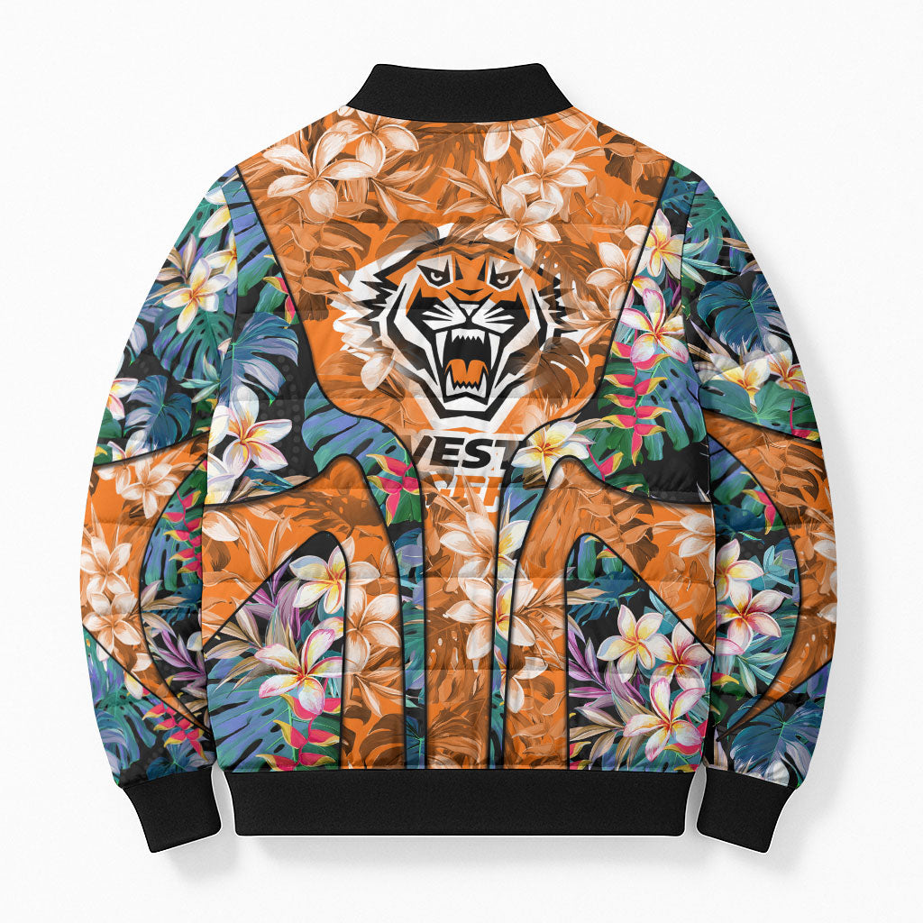 Wests Tigers Bomber Puffer Jacket Tropical Hibiscus Floral Pattern With Orange And Black Accents