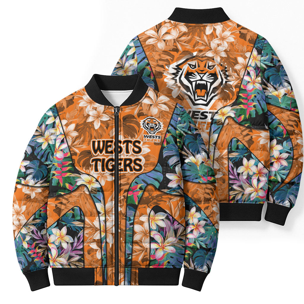 Wests Tigers Bomber Puffer Jacket Tropical Hibiscus Floral Pattern With Orange And Black Accents