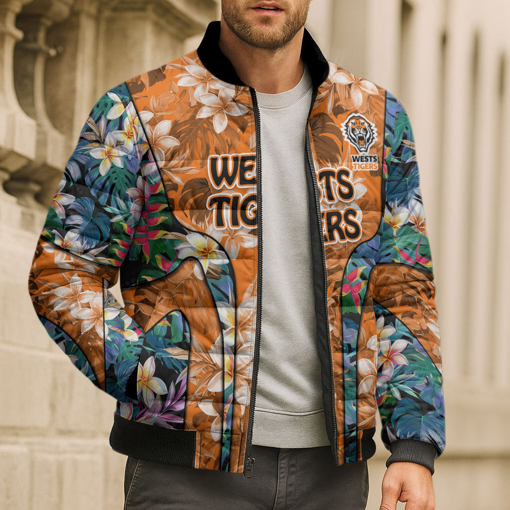 Wests Tigers Bomber Puffer Jacket Tropical Hibiscus Floral Pattern With Orange And Black Accents
