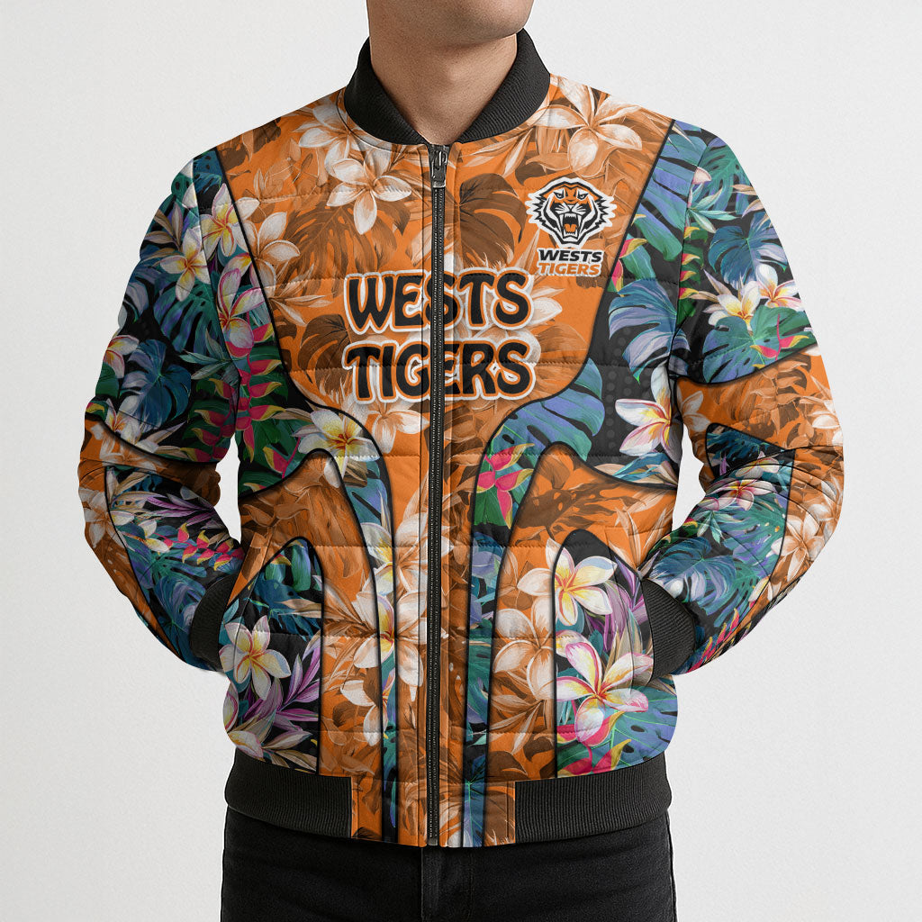 Wests Tigers Bomber Puffer Jacket Tropical Hibiscus Floral Pattern With Orange And Black Accents