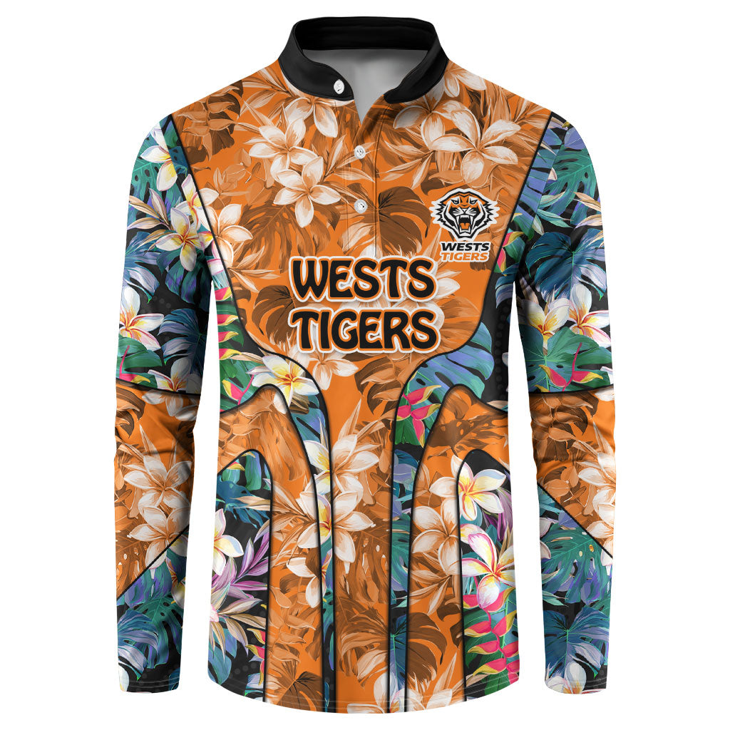 Wests Tigers Button Sweatshirt Tropical Hibiscus Floral Pattern With Orange And Black Accents