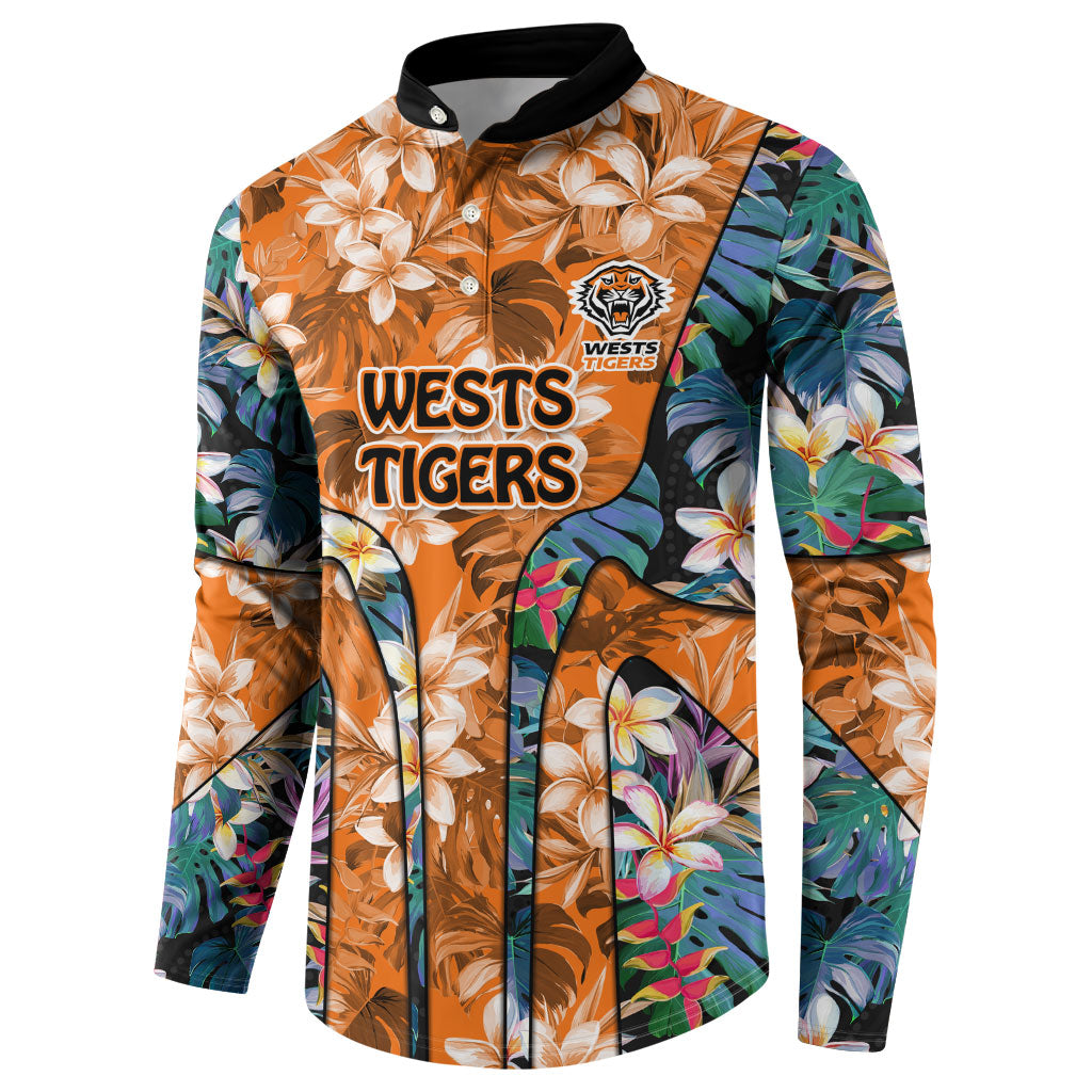 Wests Tigers Button Sweatshirt Tropical Hibiscus Floral Pattern With Orange And Black Accents