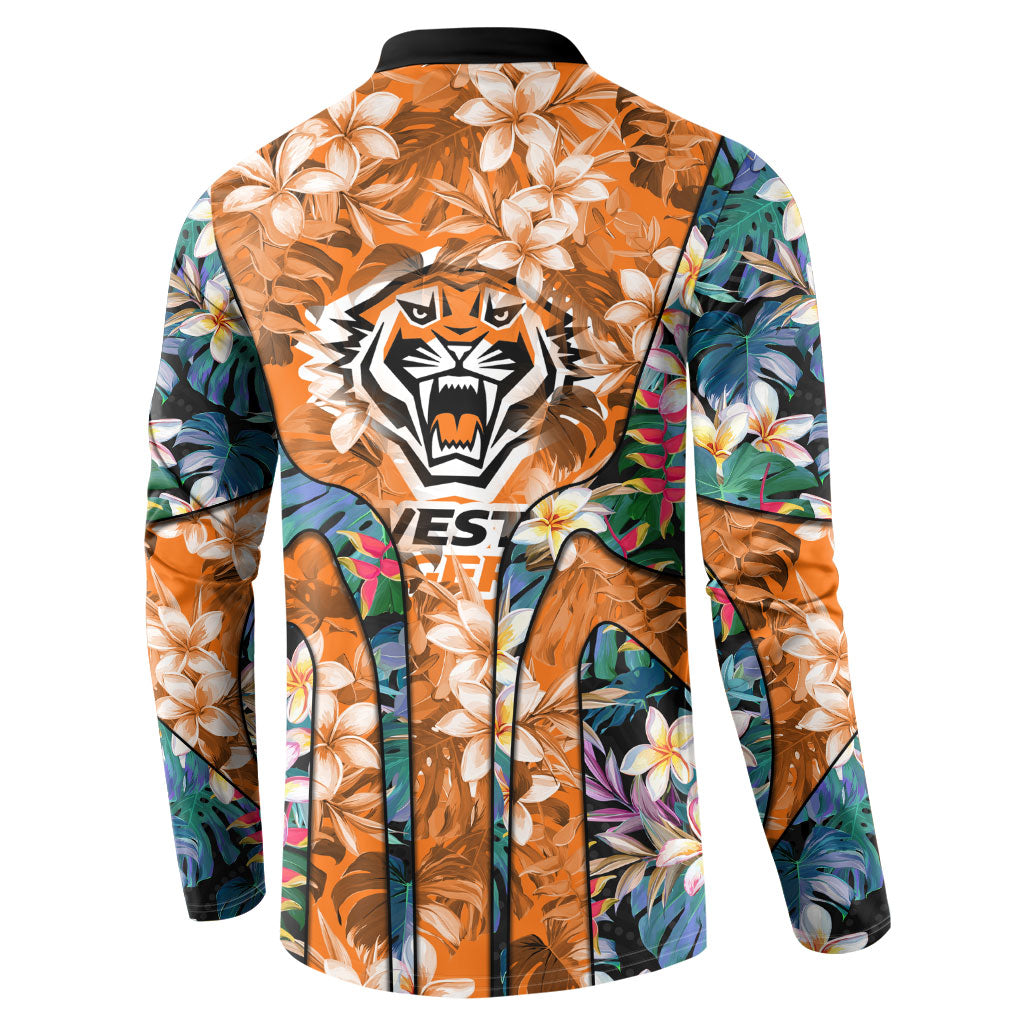 Wests Tigers Button Sweatshirt Tropical Hibiscus Floral Pattern With Orange And Black Accents