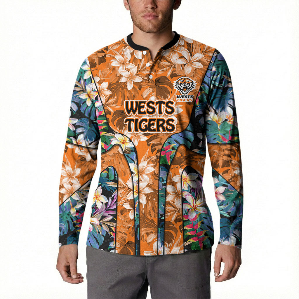 Wests Tigers Button Sweatshirt Tropical Hibiscus Floral Pattern With Orange And Black Accents
