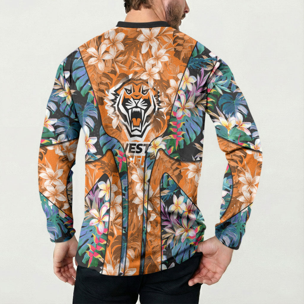 Wests Tigers Button Sweatshirt Tropical Hibiscus Floral Pattern With Orange And Black Accents