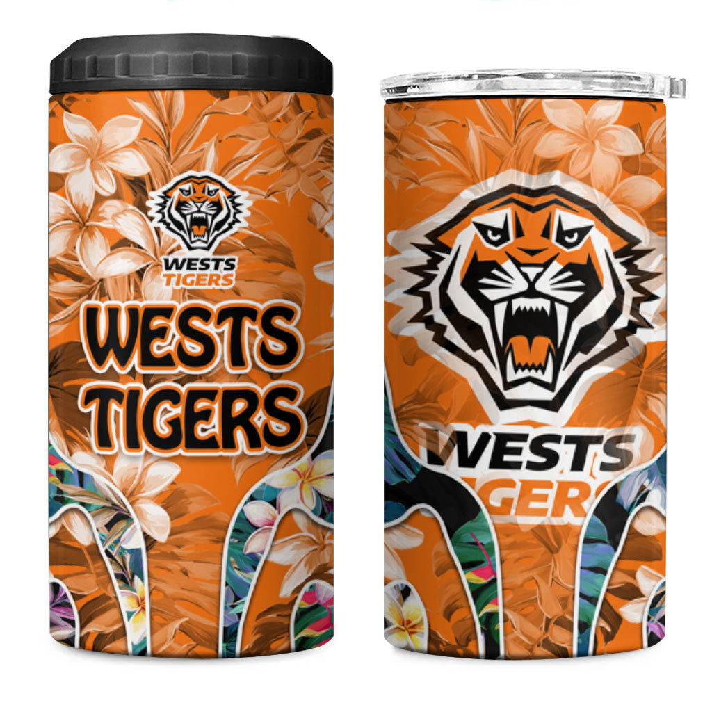 Wests Tigers 4 in 1 Can Cooler Tumbler Tropical Hibiscus Floral Pattern With Orange And Black Accents