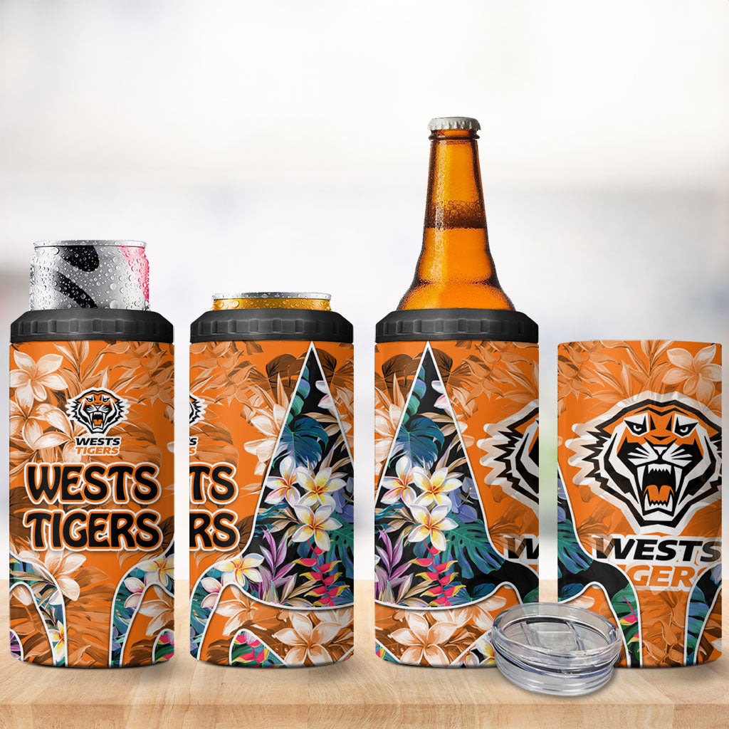 Wests Tigers 4 in 1 Can Cooler Tumbler Tropical Hibiscus Floral Pattern With Orange And Black Accents