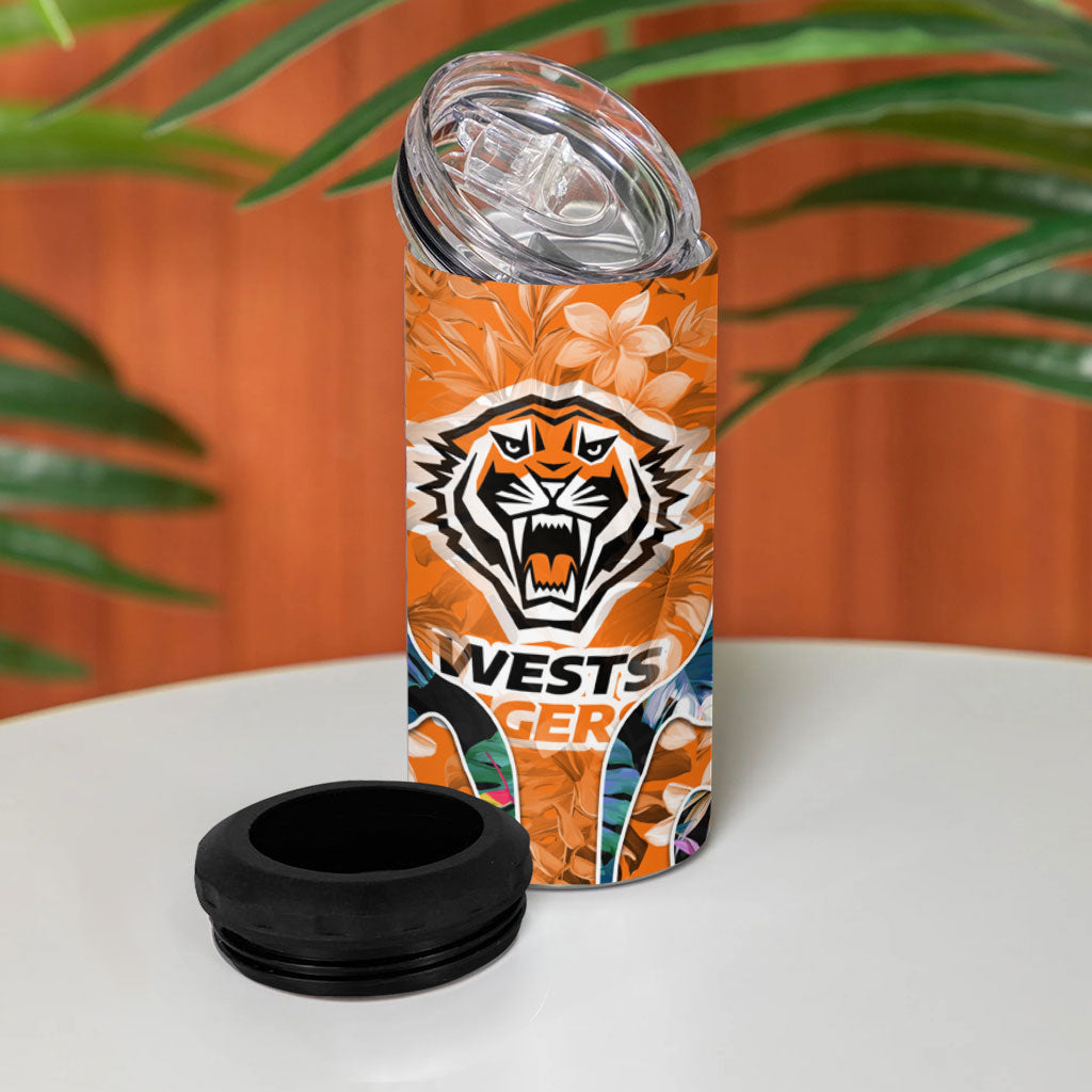 Wests Tigers 4 in 1 Can Cooler Tumbler Tropical Hibiscus Floral Pattern With Orange And Black Accents