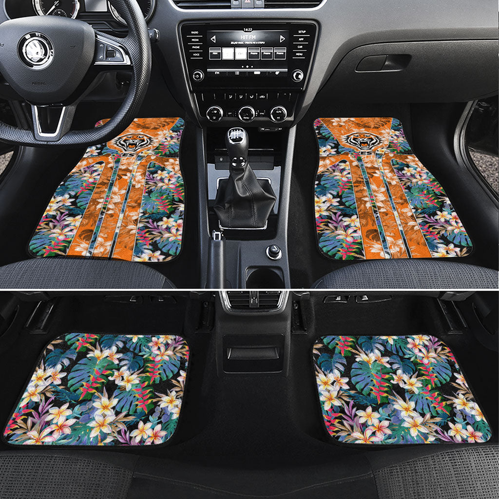 Wests Tigers Car Mats Tropical Hibiscus Floral Pattern With Orange And Black Accents