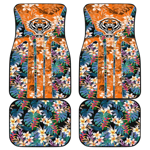 Wests Tigers Car Mats Tropical Hibiscus Floral Pattern With Orange And Black Accents