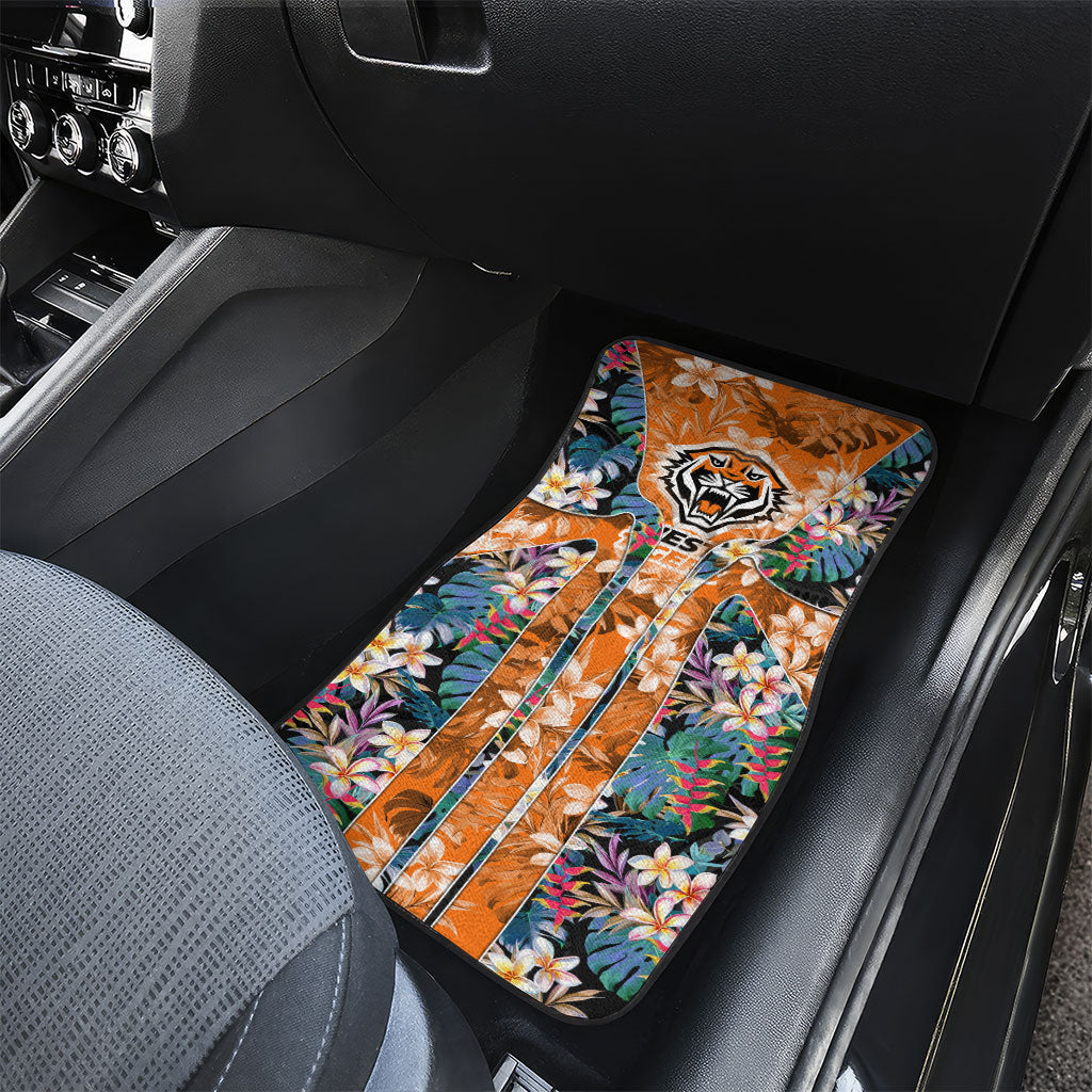 Wests Tigers Car Mats Tropical Hibiscus Floral Pattern With Orange And Black Accents