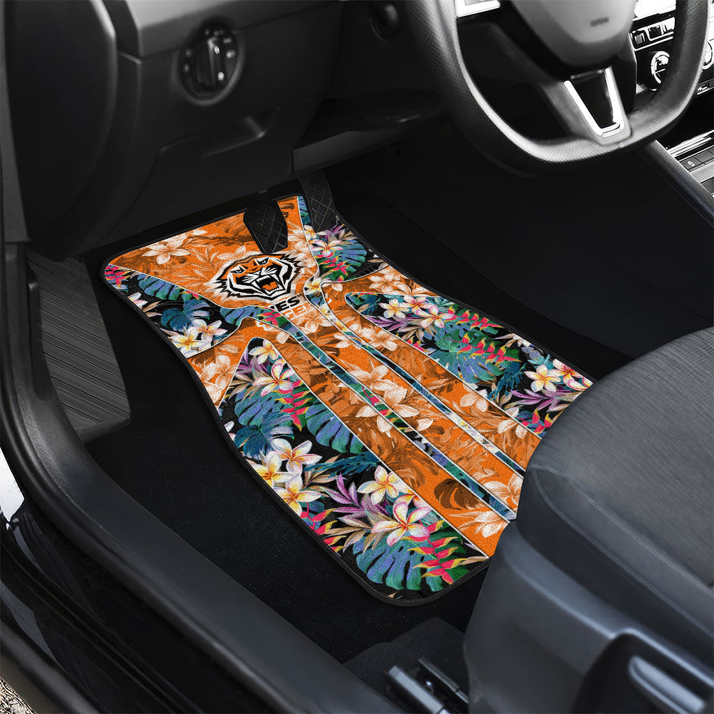 Wests Tigers Car Mats Tropical Hibiscus Floral Pattern With Orange And Black Accents
