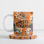 Wests Tigers Ceramic Mug Tropical Hibiscus Floral Pattern With Orange And Black Accents