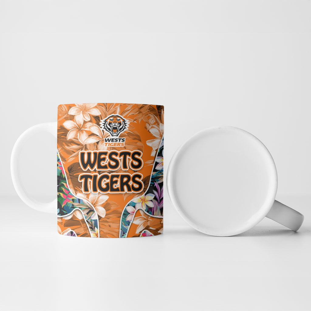 Wests Tigers Ceramic Mug Tropical Hibiscus Floral Pattern With Orange And Black Accents