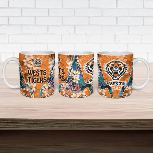 Wests Tigers Ceramic Mug Tropical Hibiscus Floral Pattern With Orange And Black Accents