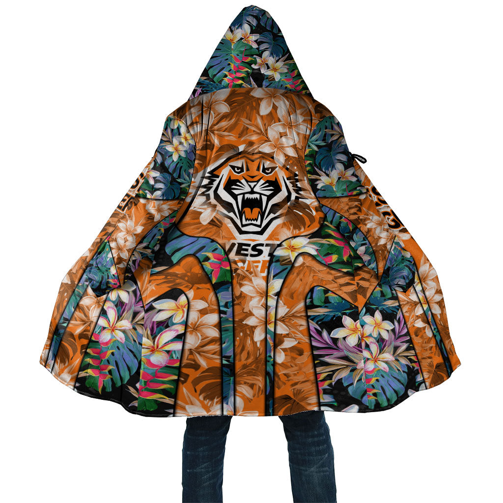 Wests Tigers Cloak Tropical Hibiscus Floral Pattern With Orange And Black Accents