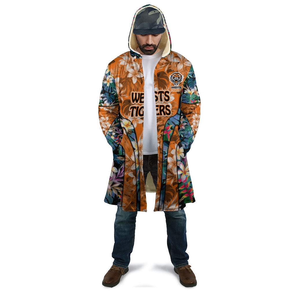 Wests Tigers Cloak Tropical Hibiscus Floral Pattern With Orange And Black Accents