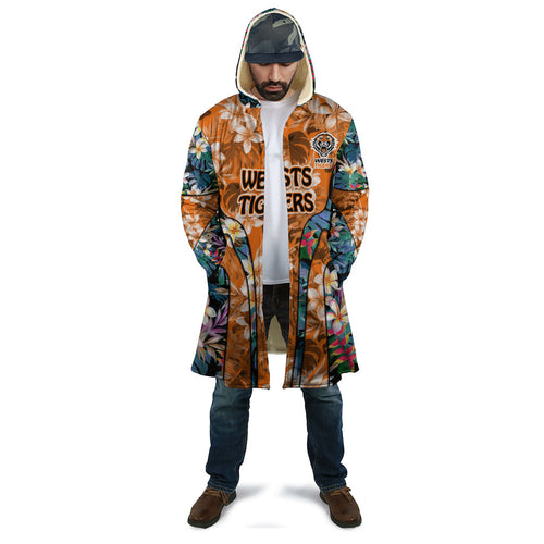 Wests Tigers Cloak Tropical Hibiscus Floral Pattern With Orange And Black Accents