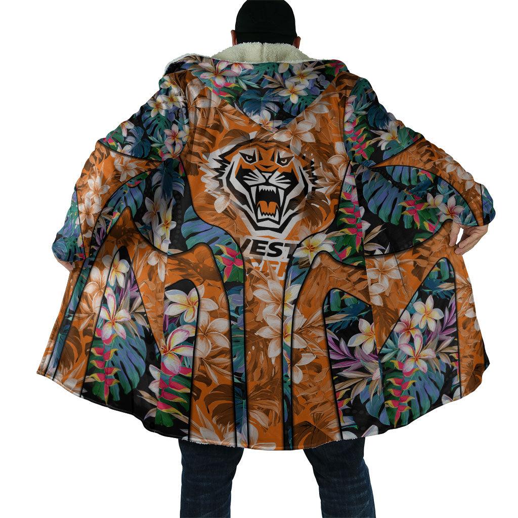 Wests Tigers Cloak Tropical Hibiscus Floral Pattern With Orange And Black Accents