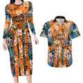 Wests Tigers Couples Matching Long Sleeve Bodycon Dress and Hawaiian Shirt Tropical Hibiscus Floral Pattern With Orange And Black Accents