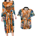 Wests Tigers Couples Matching Long Sleeve Bodycon Dress and Hawaiian Shirt Tropical Hibiscus Floral Pattern With Orange And Black Accents