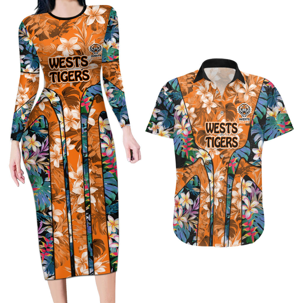 Wests Tigers Couples Matching Long Sleeve Bodycon Dress and Hawaiian Shirt Tropical Hibiscus Floral Pattern With Orange And Black Accents