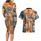 Wests Tigers Couples Matching Long Sleeve Bodycon Dress and Hawaiian Shirt Tropical Hibiscus Floral Pattern With Orange And Black Accents