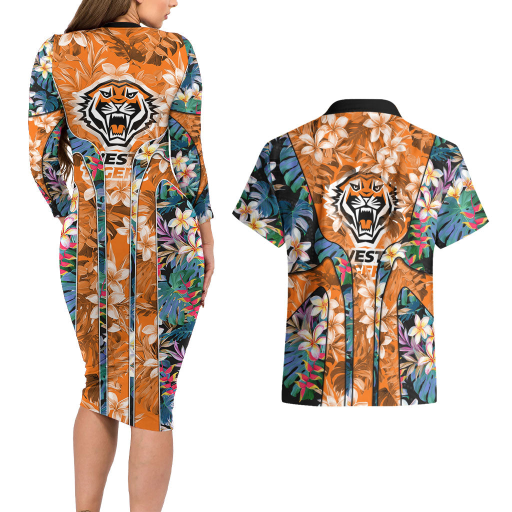 Wests Tigers Couples Matching Long Sleeve Bodycon Dress and Hawaiian Shirt Tropical Hibiscus Floral Pattern With Orange And Black Accents