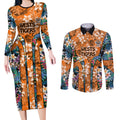 Wests Tigers Couples Matching Long Sleeve Bodycon Dress and Long Sleeve Button Shirt Tropical Hibiscus Floral Pattern With Orange And Black Accents