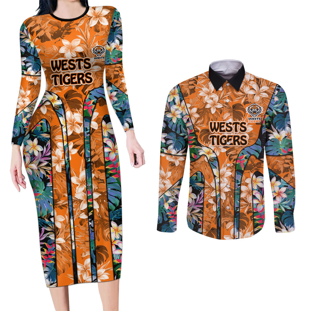 Wests Tigers Couples Matching Long Sleeve Bodycon Dress and Long Sleeve Button Shirt Tropical Hibiscus Floral Pattern With Orange And Black Accents