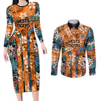 Wests Tigers Couples Matching Long Sleeve Bodycon Dress and Long Sleeve Button Shirt Tropical Hibiscus Floral Pattern With Orange And Black Accents