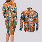 Wests Tigers Couples Matching Long Sleeve Bodycon Dress and Long Sleeve Button Shirt Tropical Hibiscus Floral Pattern With Orange And Black Accents