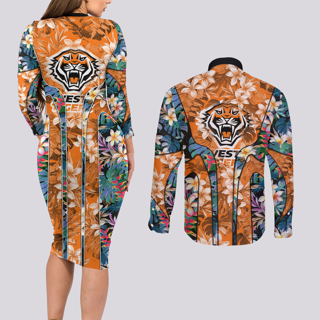 Wests Tigers Couples Matching Long Sleeve Bodycon Dress and Long Sleeve Button Shirt Tropical Hibiscus Floral Pattern With Orange And Black Accents