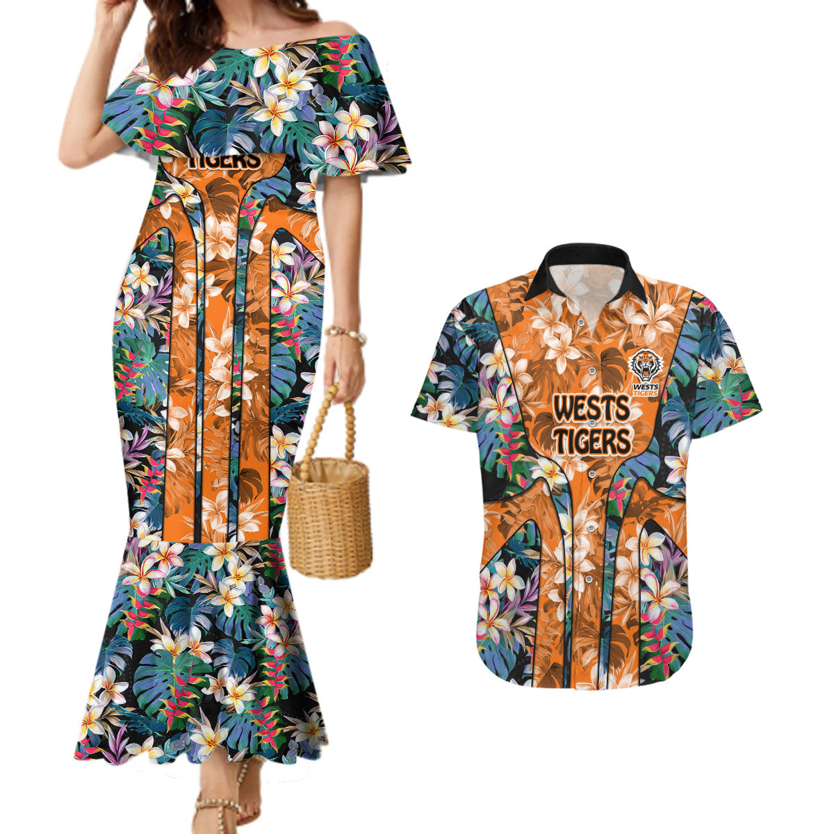 Wests Tigers Couples Matching Mermaid Dress and Hawaiian Shirt Tropical Hibiscus Floral Pattern With Orange And Black Accents