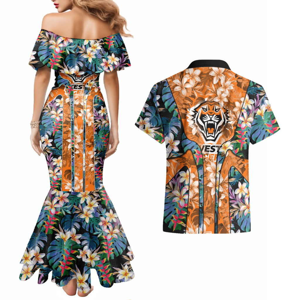 Wests Tigers Couples Matching Mermaid Dress and Hawaiian Shirt Tropical Hibiscus Floral Pattern With Orange And Black Accents