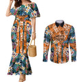 Wests Tigers Couples Matching Mermaid Dress and Long Sleeve Button Shirt Tropical Hibiscus Floral Pattern With Orange And Black Accents