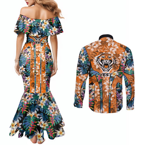 Wests Tigers Couples Matching Mermaid Dress and Long Sleeve Button Shirt Tropical Hibiscus Floral Pattern With Orange And Black Accents