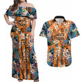 Wests Tigers Couples Matching Off Shoulder Maxi Dress and Hawaiian Shirt Tropical Hibiscus Floral Pattern With Orange And Black Accents