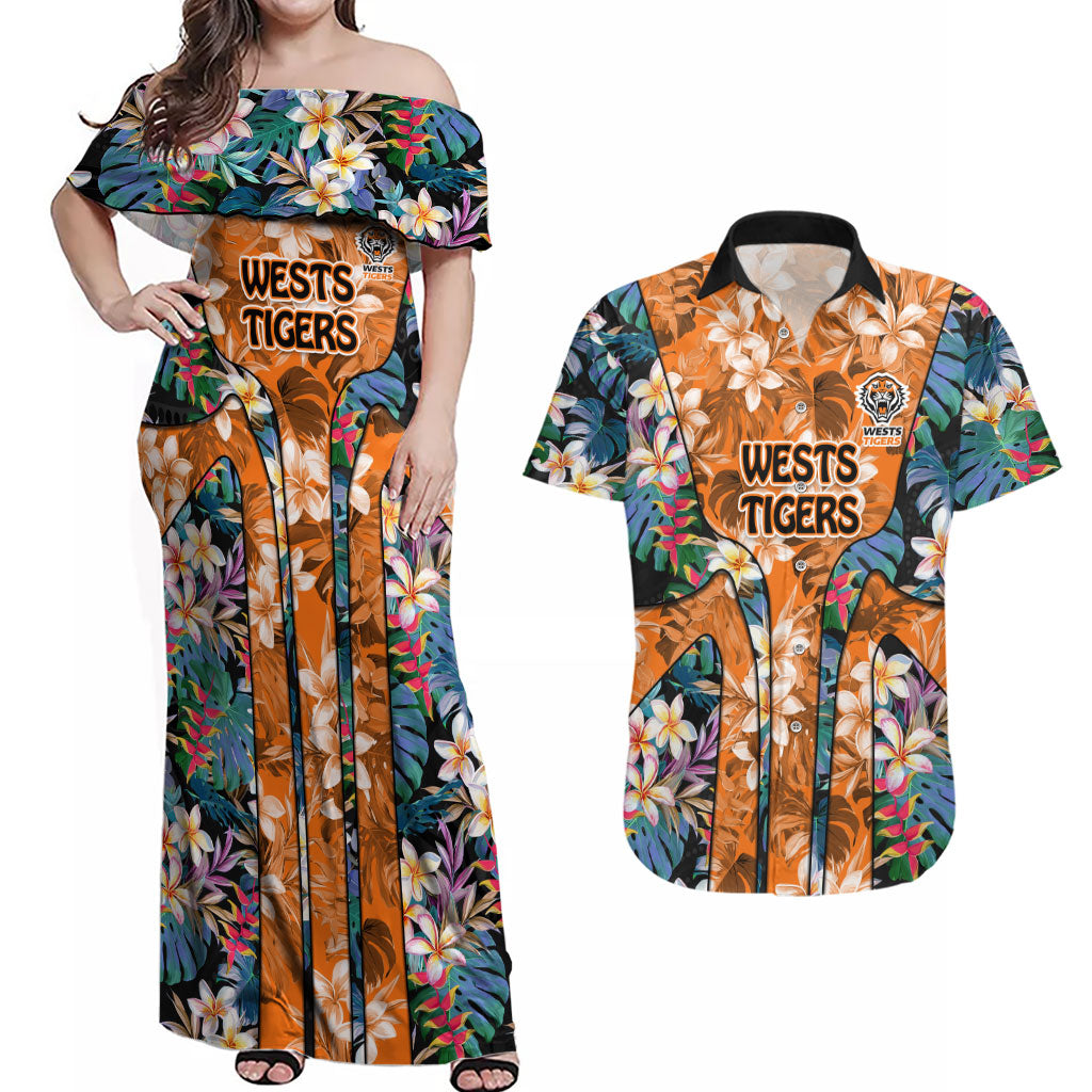Wests Tigers Couples Matching Off Shoulder Maxi Dress and Hawaiian Shirt Tropical Hibiscus Floral Pattern With Orange And Black Accents