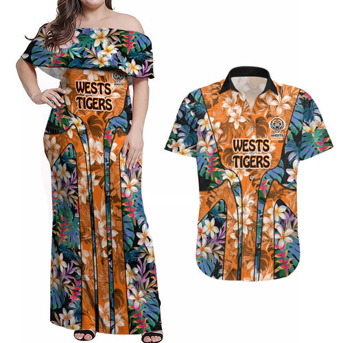 Wests Tigers Couples Matching Off Shoulder Maxi Dress and Hawaiian Shirt Tropical Hibiscus Floral Pattern With Orange And Black Accents