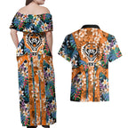 Wests Tigers Couples Matching Off Shoulder Maxi Dress and Hawaiian Shirt Tropical Hibiscus Floral Pattern With Orange And Black Accents