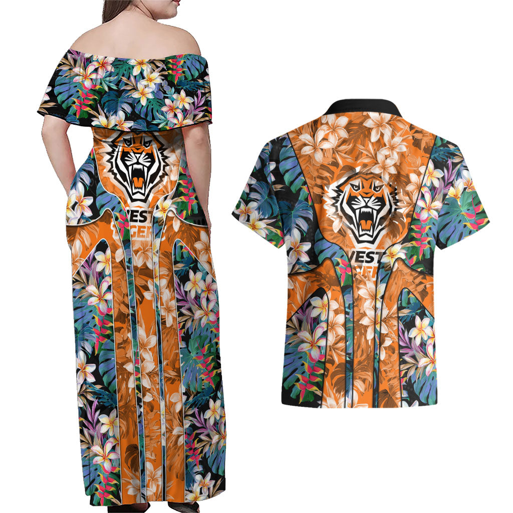 Wests Tigers Couples Matching Off Shoulder Maxi Dress and Hawaiian Shirt Tropical Hibiscus Floral Pattern With Orange And Black Accents