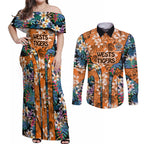 Wests Tigers Couples Matching Off Shoulder Maxi Dress and Long Sleeve Button Shirt Tropical Hibiscus Floral Pattern With Orange And Black Accents