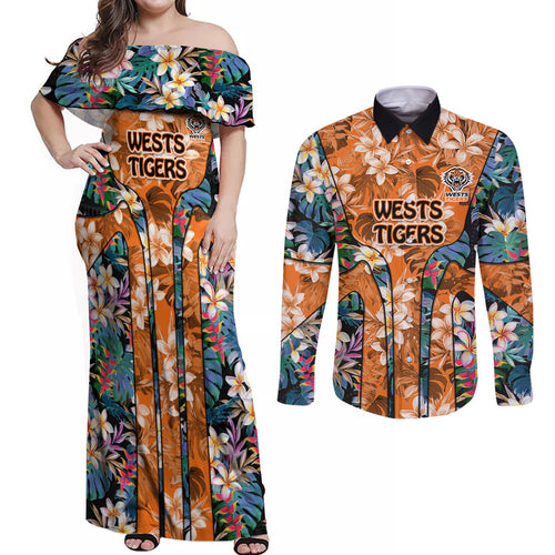 Wests Tigers Couples Matching Off Shoulder Maxi Dress and Long Sleeve Button Shirt Tropical Hibiscus Floral Pattern With Orange And Black Accents