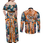 Wests Tigers Couples Matching Off Shoulder Maxi Dress and Long Sleeve Button Shirt Tropical Hibiscus Floral Pattern With Orange And Black Accents