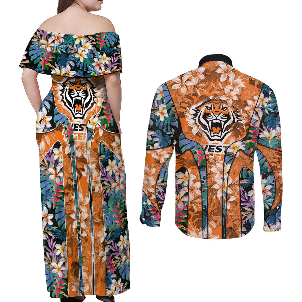 Wests Tigers Couples Matching Off Shoulder Maxi Dress and Long Sleeve Button Shirt Tropical Hibiscus Floral Pattern With Orange And Black Accents